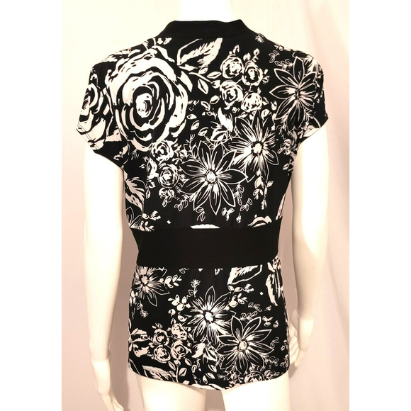 Susan Lawrence V-Neck Black & White Floral Print Blouse - Size L - Picture 4 of 9